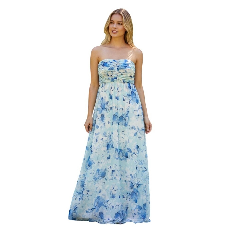 Donna Morgan Collection‎ Blue Floral Strapless Maxi Dress Chiffon Size 10